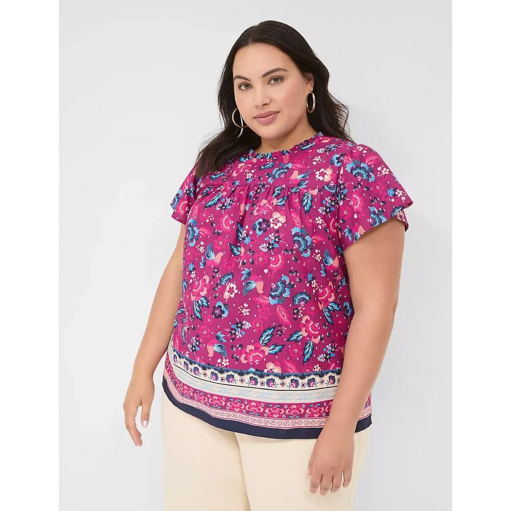 Lane Bryant Ruffle Crew-Neck Top Poplin Pink Floral Bird Short Sleeve Sz 26